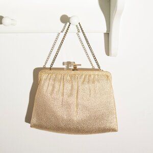 Gold Lame Evening Bag with Acrylic Clasp and Gold Chain